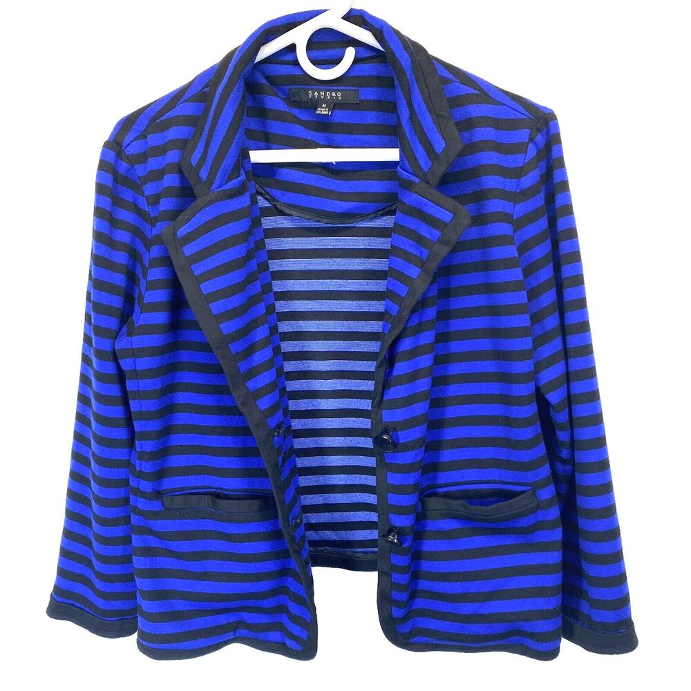 Sandro Studio Blue & Black Striped Cropped Blazer Size Medium Nautical RN100170*